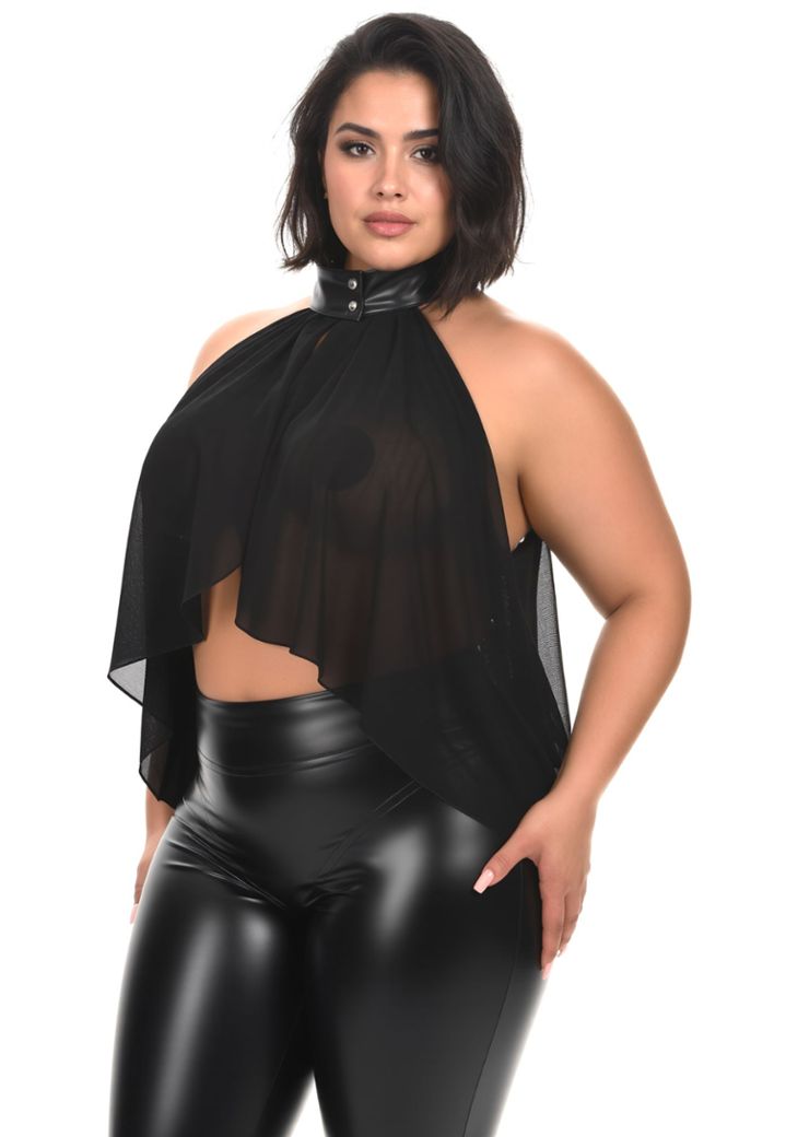Top negro transparente drapeado con cuello alto