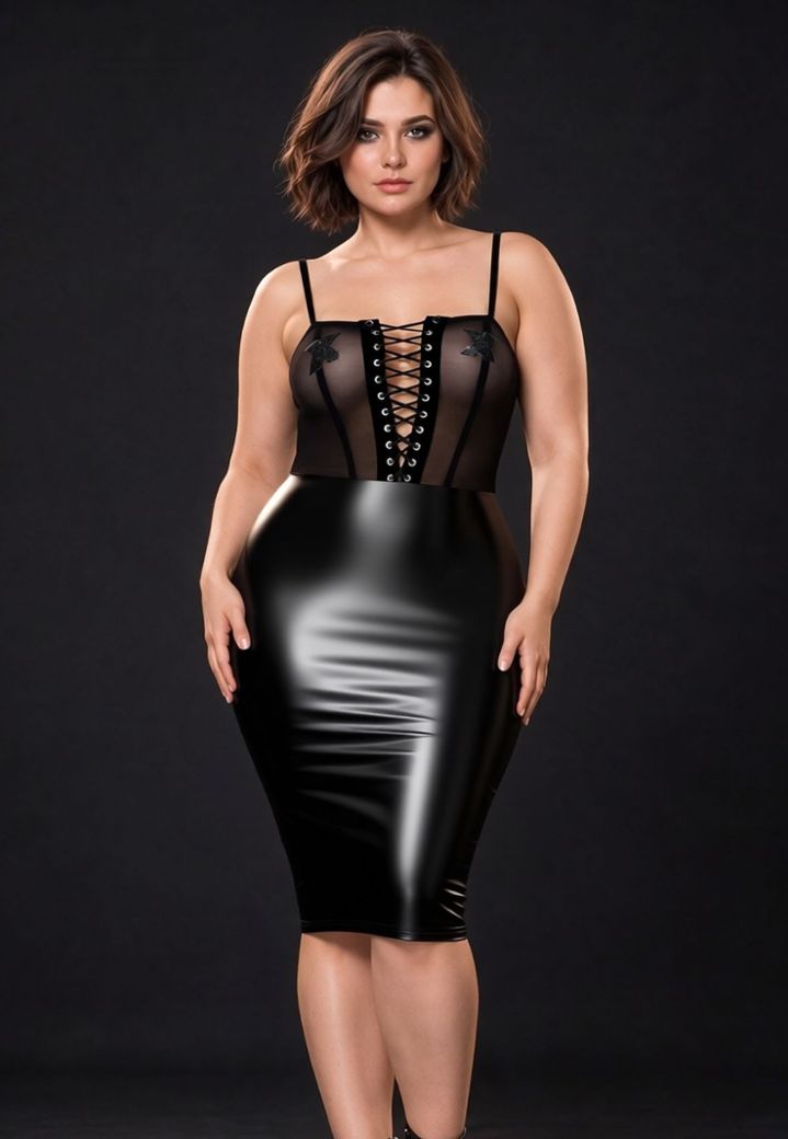 Vestido fetish talla grande de wetlook con cordones delante y detrás