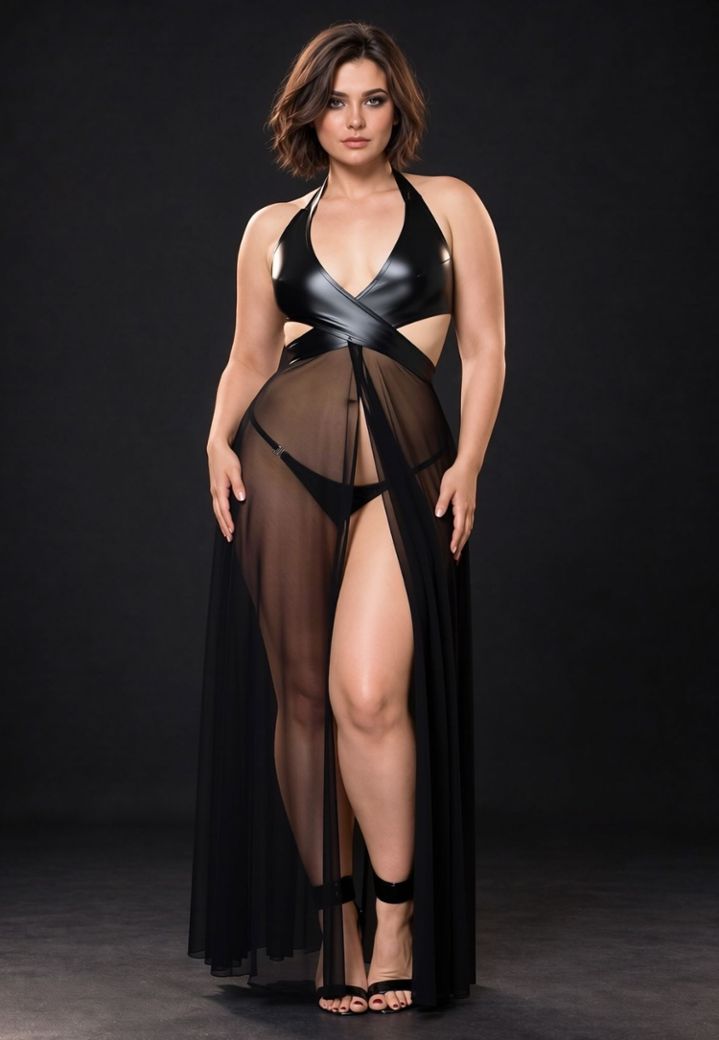 Langes Fetischkleid große Größen aus Wetlook und transparentem Tüll