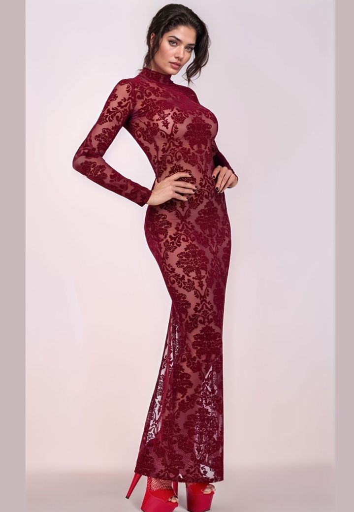 Burgundy flocked tulle long gown with open back