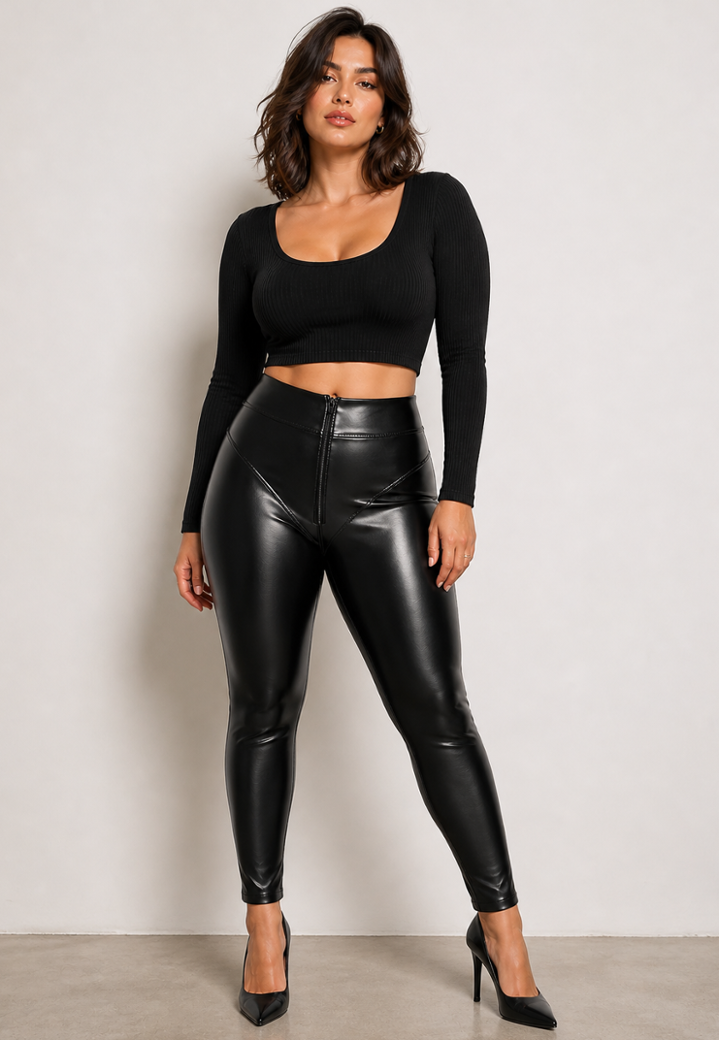 Leggings neri effetto wetlook vita alta con zip completa