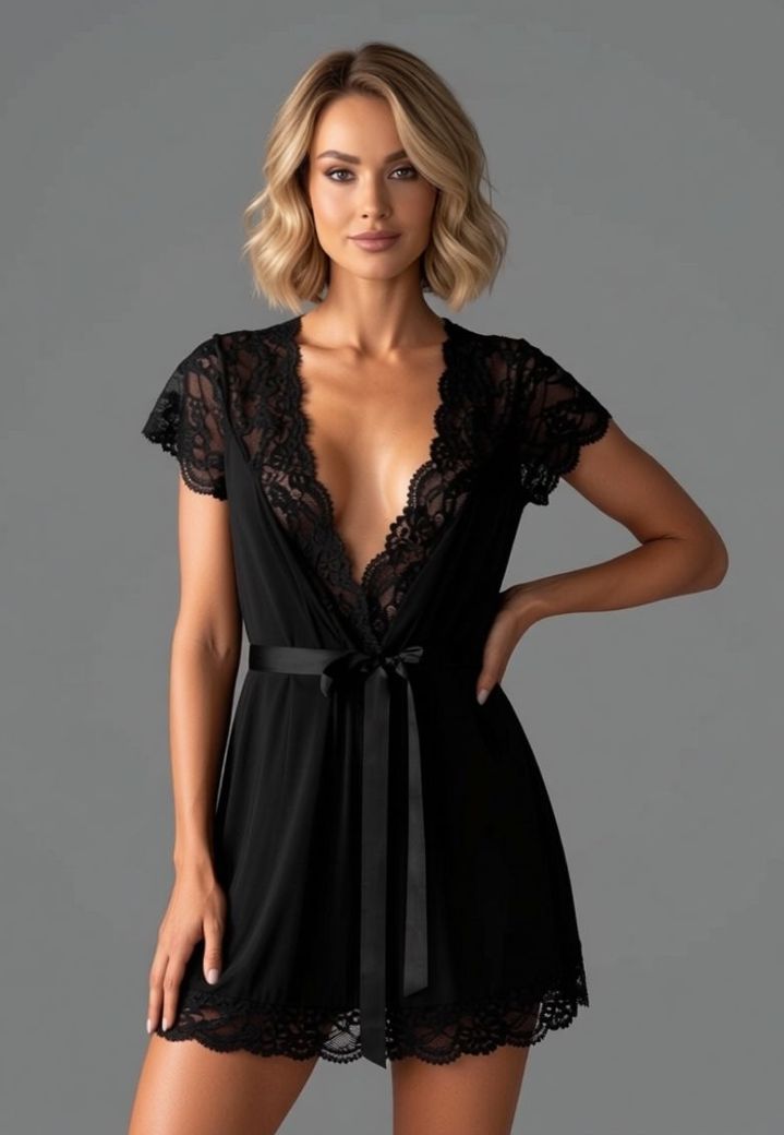 Μαύρο δαντελένιο μπουρνούζι με σατέν ζώνη