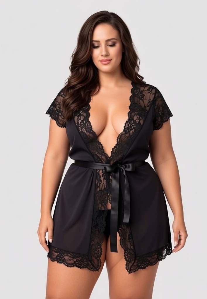 Roupão de banho de renda preta com cinto de cetim