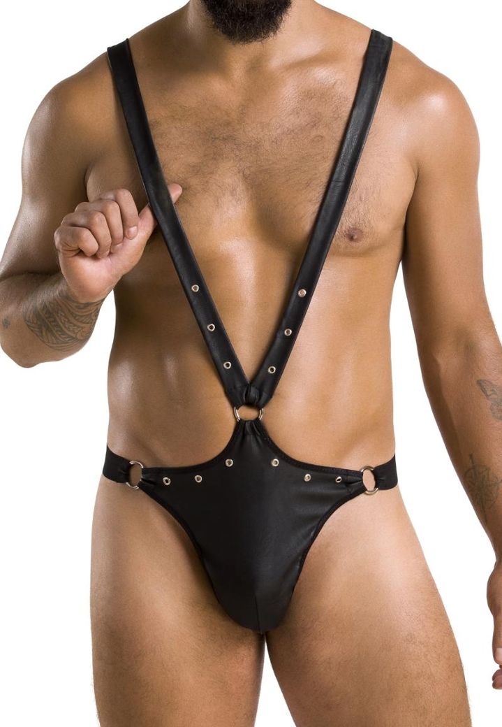 Bodysuit em pele mate para homem - Alças elásticas e elementos metálicos