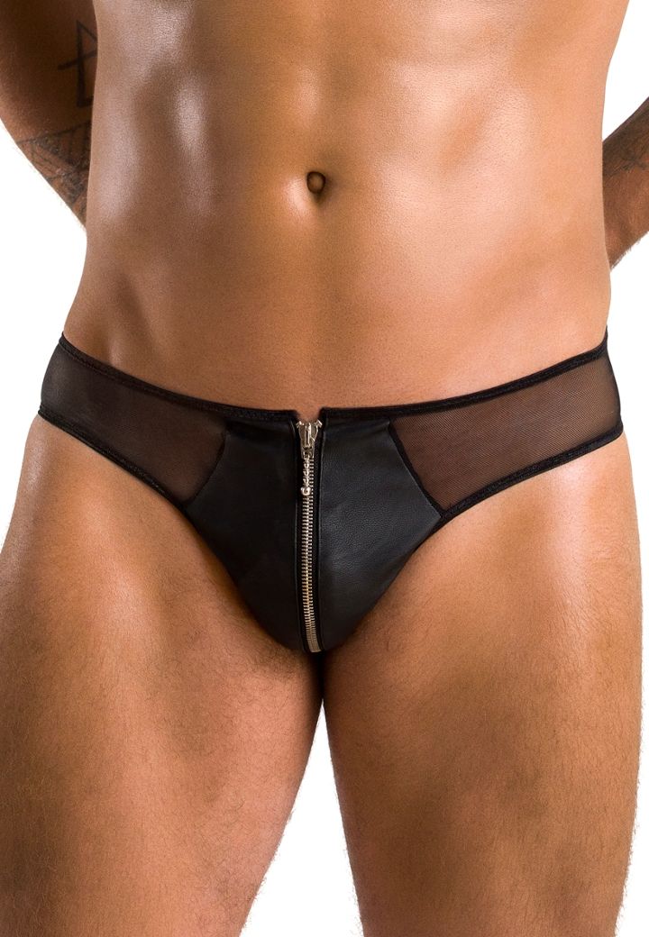 Slip Timmy negro, tul y polipiel con cremallera ultra sexy