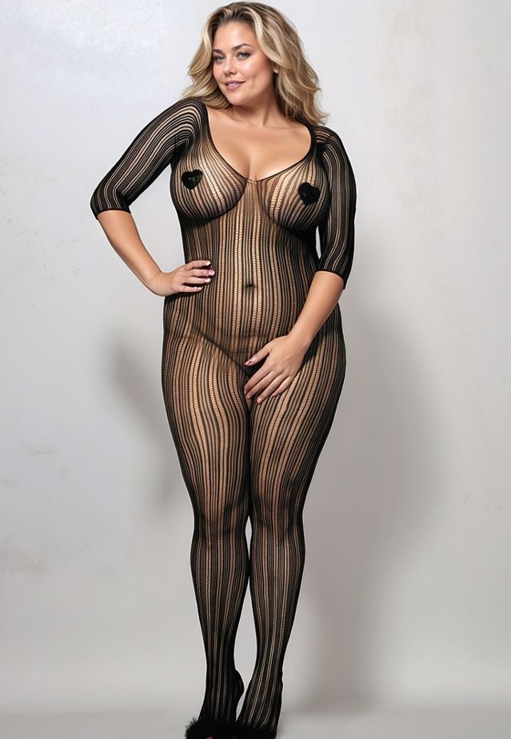 Bodystocking de rayas verticales - manga 3/4 y escote pronunciado