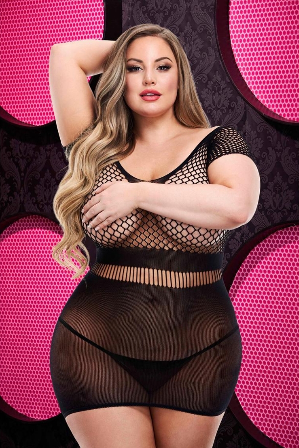 Φόρεμα με μικρά μανίκια Bodystocking - Μαύρο και κόκκινο δίχτυ Fishnet