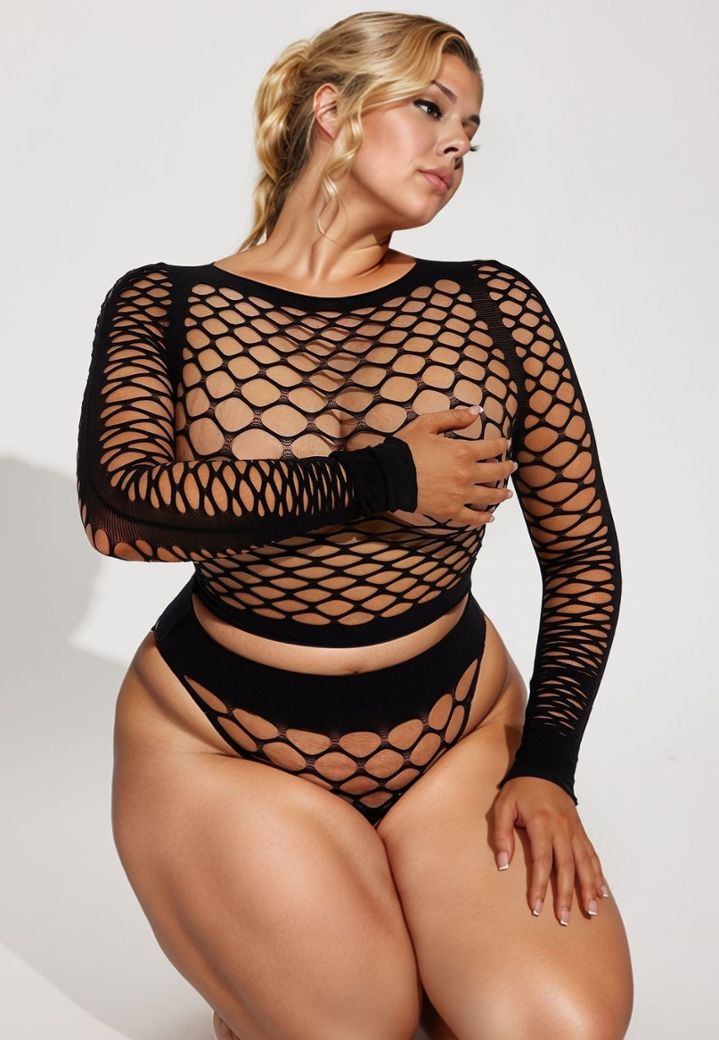 Conjunto Clubby - Top de manga comprida e Bodystocking de cuecas de rede altas