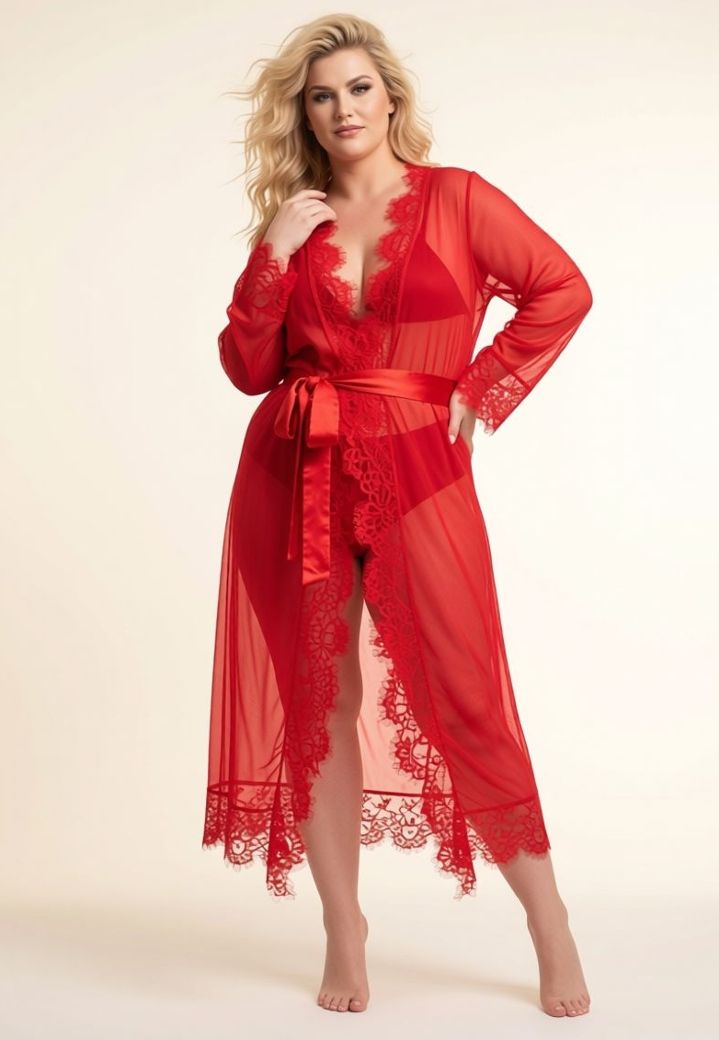Kimono longo em malha semi-transparente com renda a laser e cinto em cetim