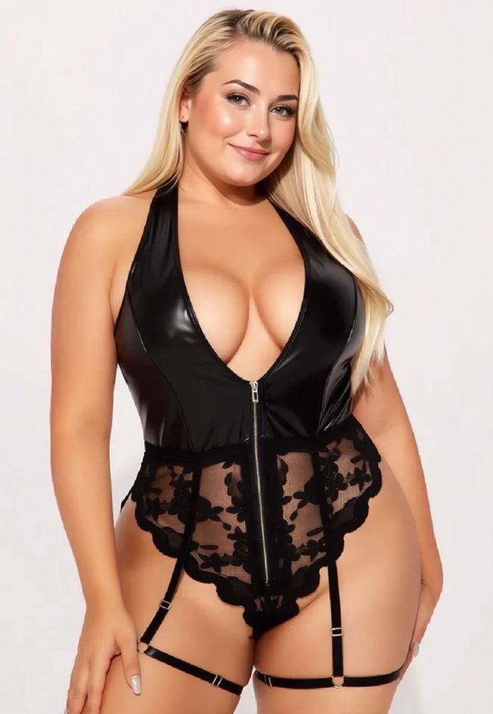 Schwarzer Body aus Kunstleder und Spitze mit tiefem Dekolleté und verstellbaren Beinharness