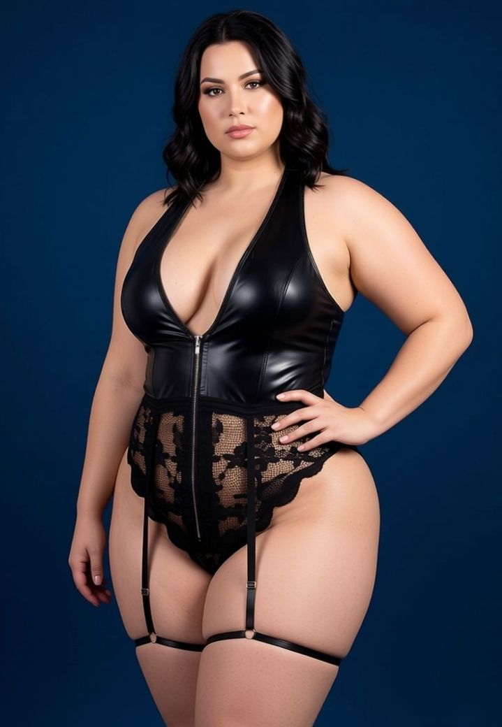 Black faux leather and lace bodysuit with deep plunge and adjustable leg harnesses