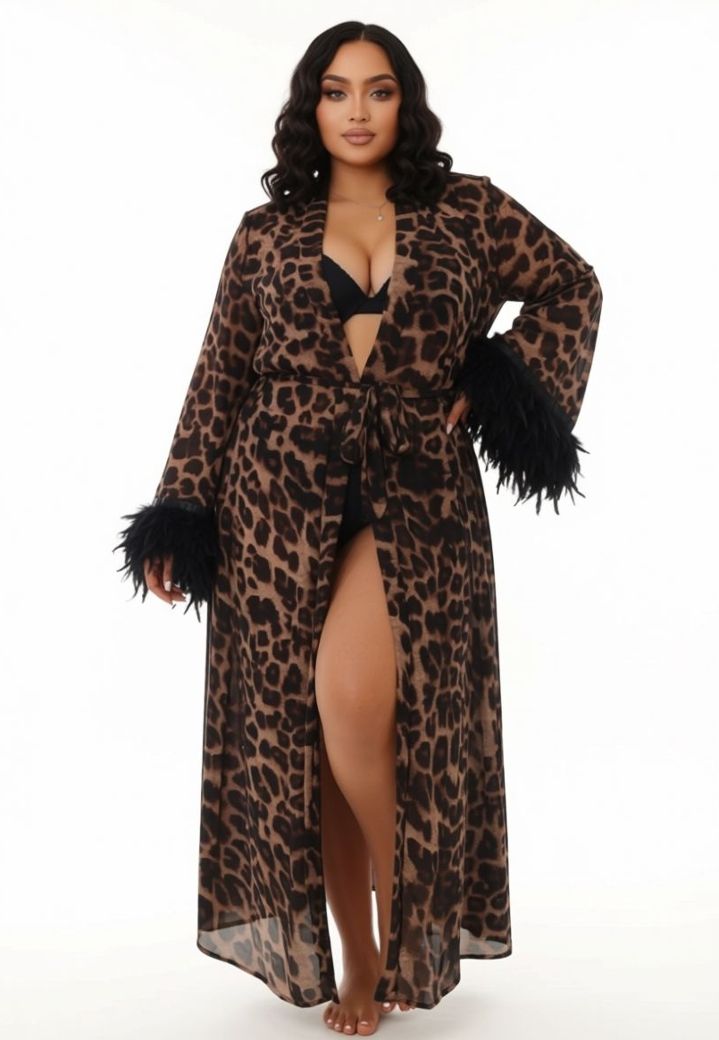 Sensuale Kimono lungo leopardato: chiffon, piume, cintura
