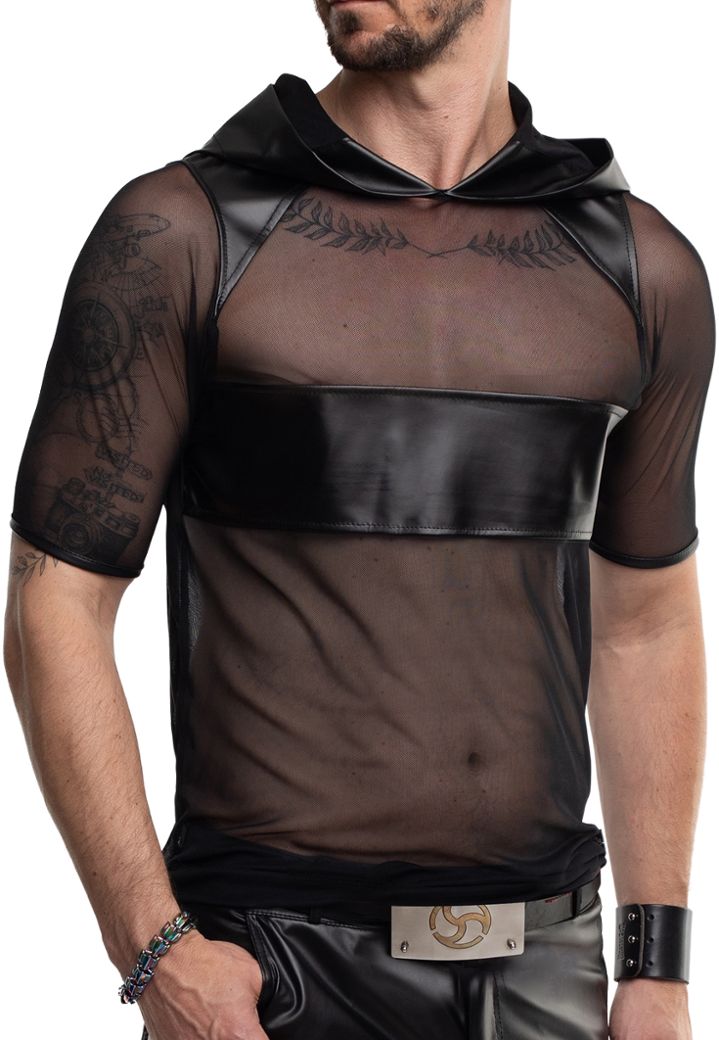 Hooded T-shirt van mesh met wet-look vibe