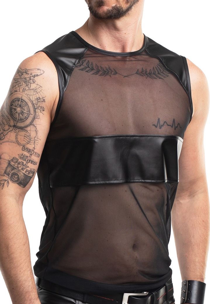 Camiseta Silvestre - Malha Transparente Preta - Insertos Couro Sintético