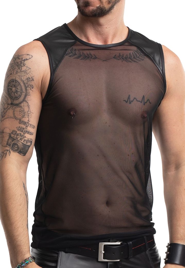 Camiseta Norberto - Malla Transparente Negra - Insertos Cuero Sintético Hombros