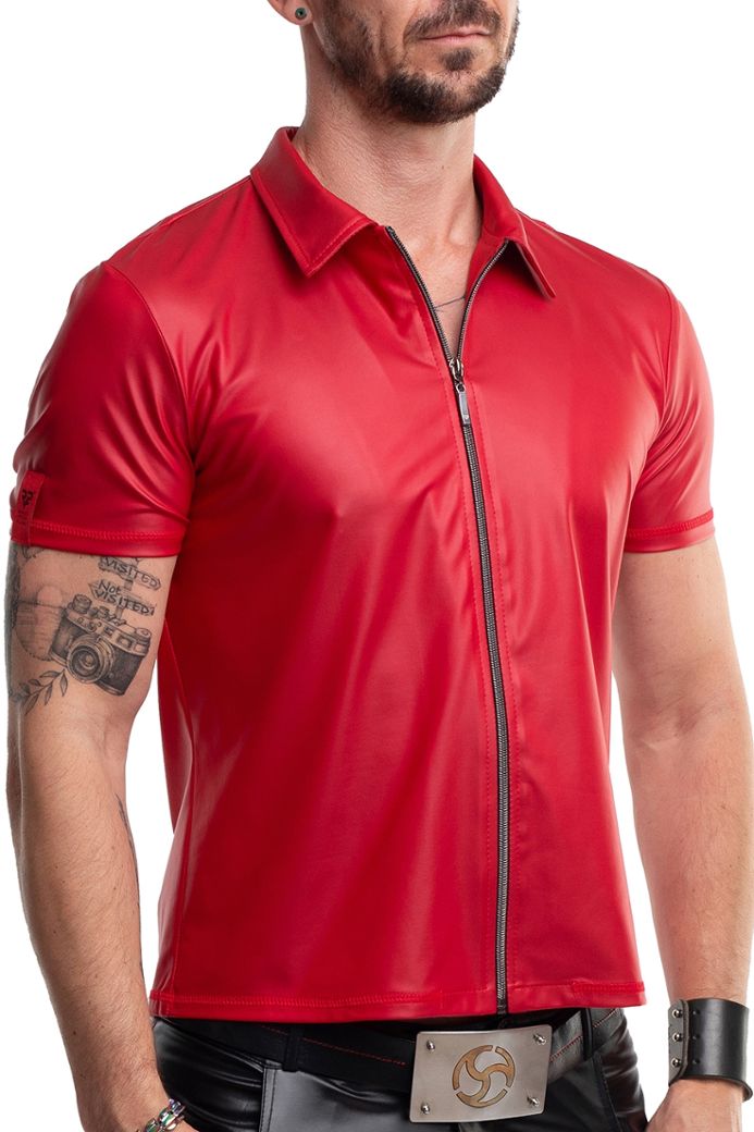 Polo Cremallera Maurice - Cuero Sintético Mate Rojo - Cuello Montante Elegante