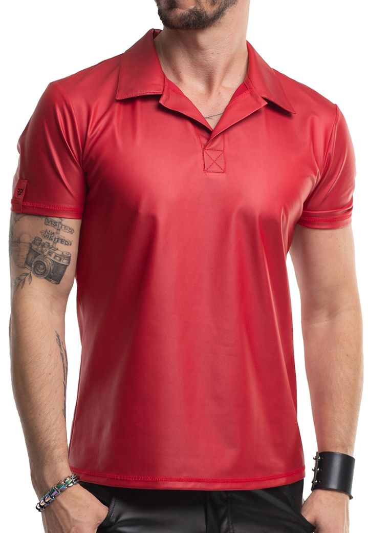 Polo Similicuir Serafin - Rouge Intense - Col Montant Élégant