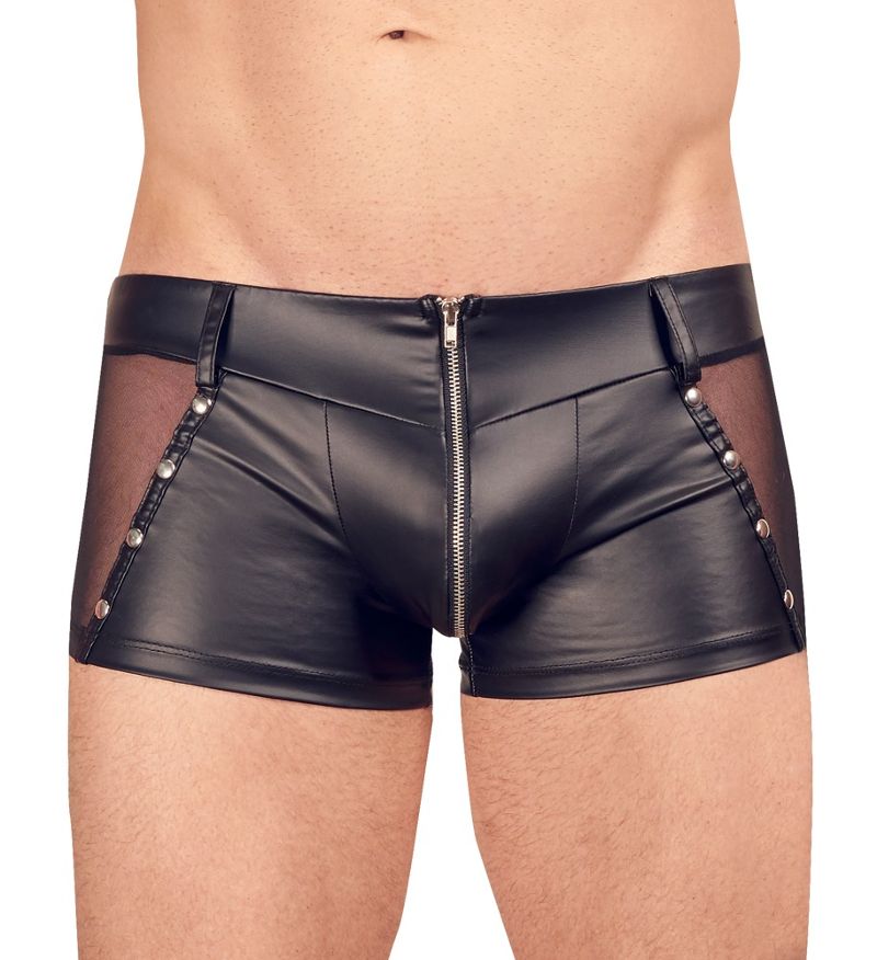Boxer shorts in imitation leather and fishnet