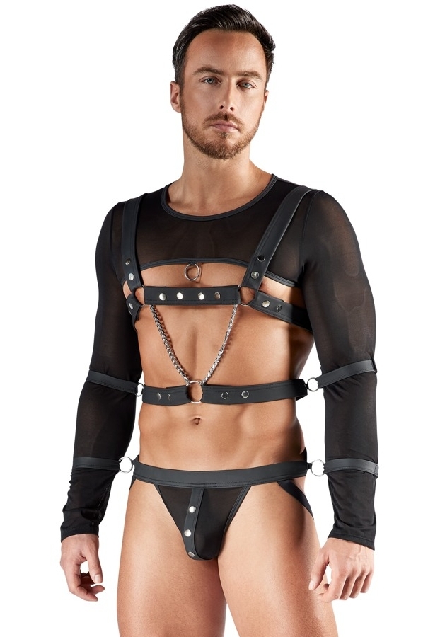 Conjunto 3 Piezas Bondage Negro : Crop-Top, Arnés de Pecho, Jockstrap + 4 Esposas Suaves