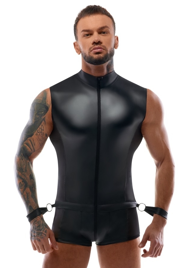 Tuta Senza Maniche Nera : Arnese Integrato, Gambe Corte + 2 Manette Morbide