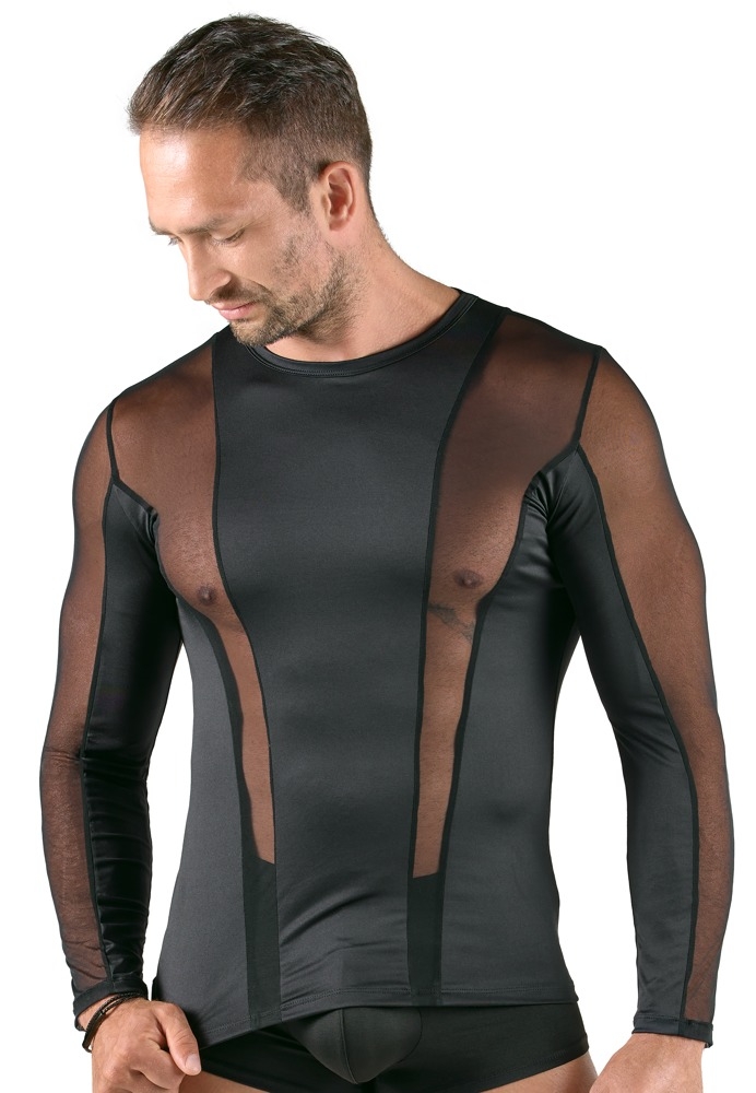 Herren Langarmshirt Transparentes Netz - Materialmix schwarz