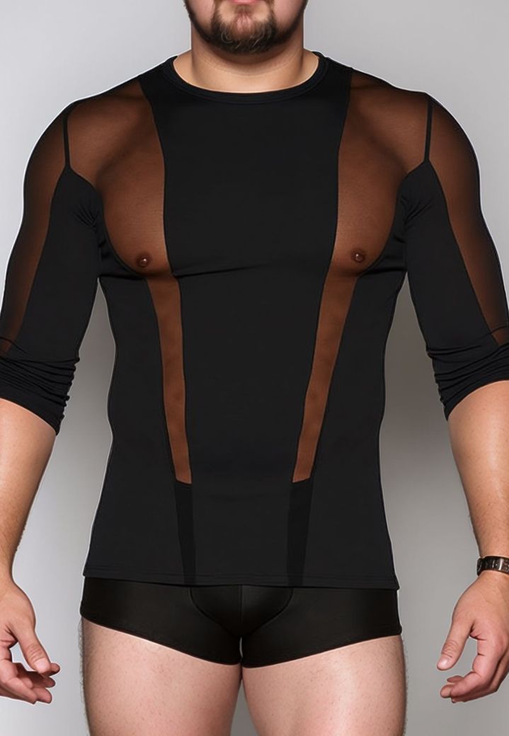 T-shirt de manga comprida com rede transparente para homem - Tecidos mistos preto