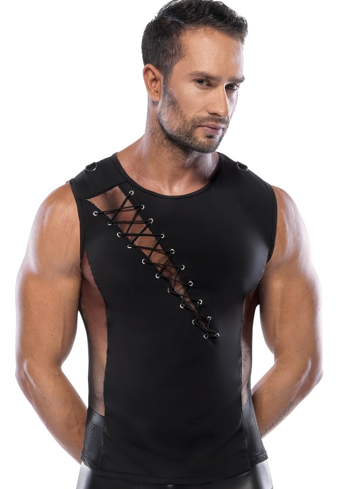 Herenshirt in combi-materiaal met fishnet en vetersluiting