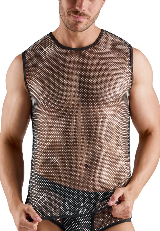 Camiseta Sem Mangas Tule Preta Strass : Transparente e Strass Brilhantes