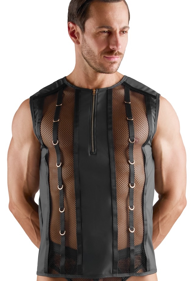 Sleeveless vinyl-effect fishnet shirt with zip