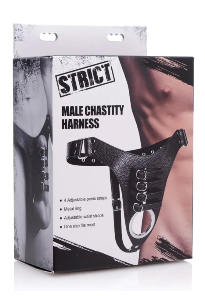 Jock de castidade em PU preto: anel metálico, correias de controlo, vista total