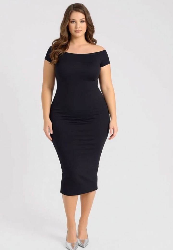 Robe midi gainante épaules dégagées