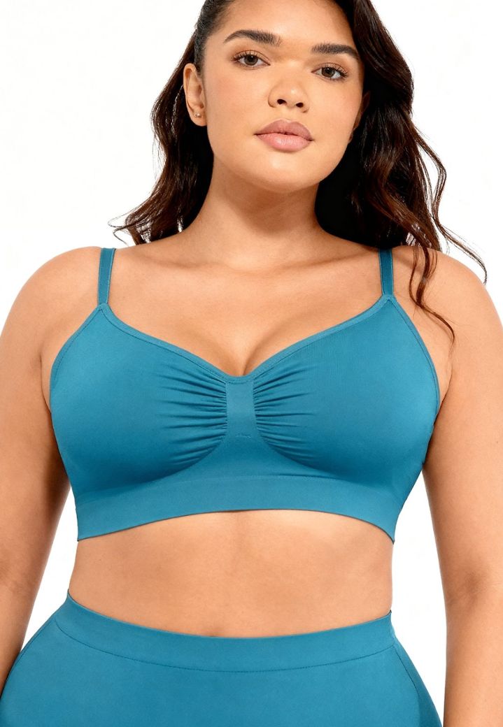 Petrol blue ruched bra: natural shape, intense allure