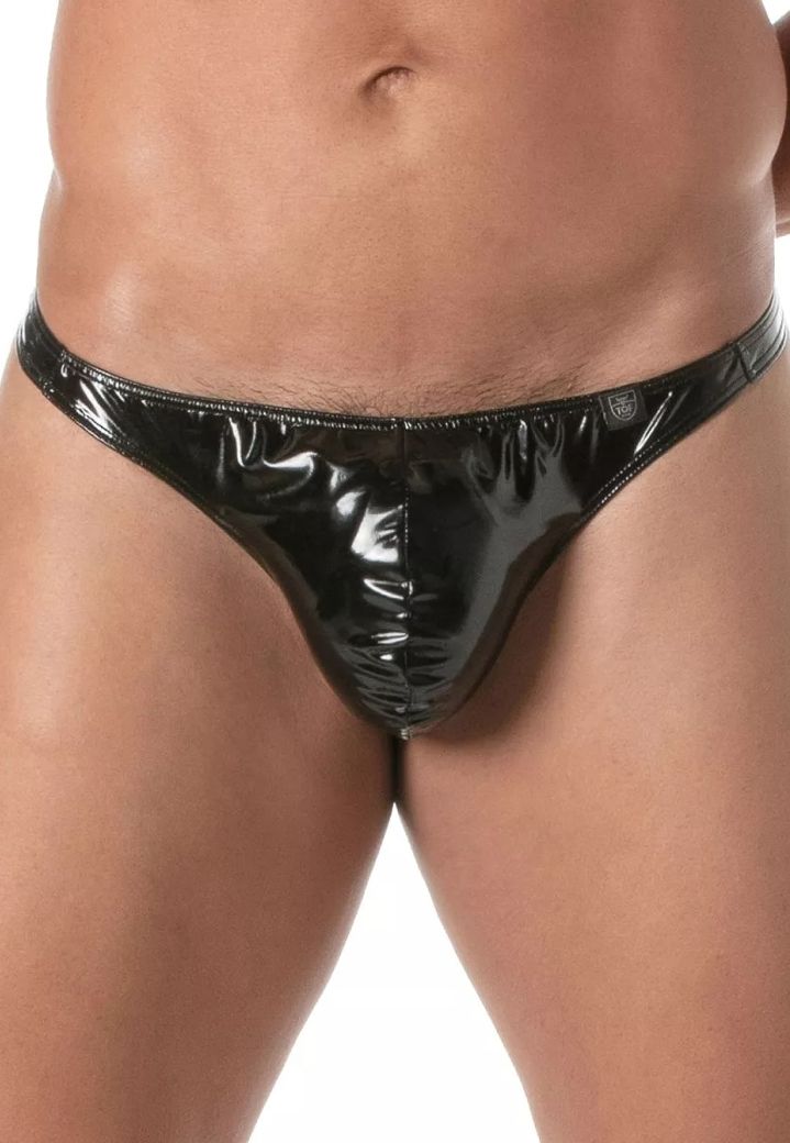 Fetisch-String aus Vinyl-Stretch für Männer, großzügige Fronttasche