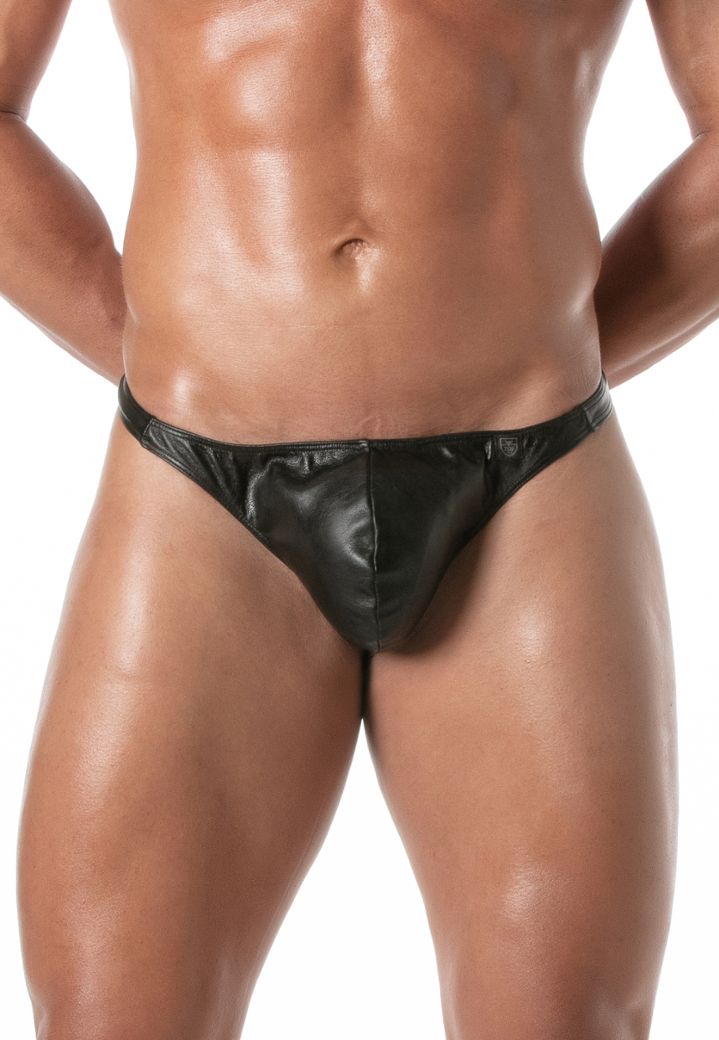 Perizoma da uomo in pelle e camoscio effetto datex con ampia tasca frontale