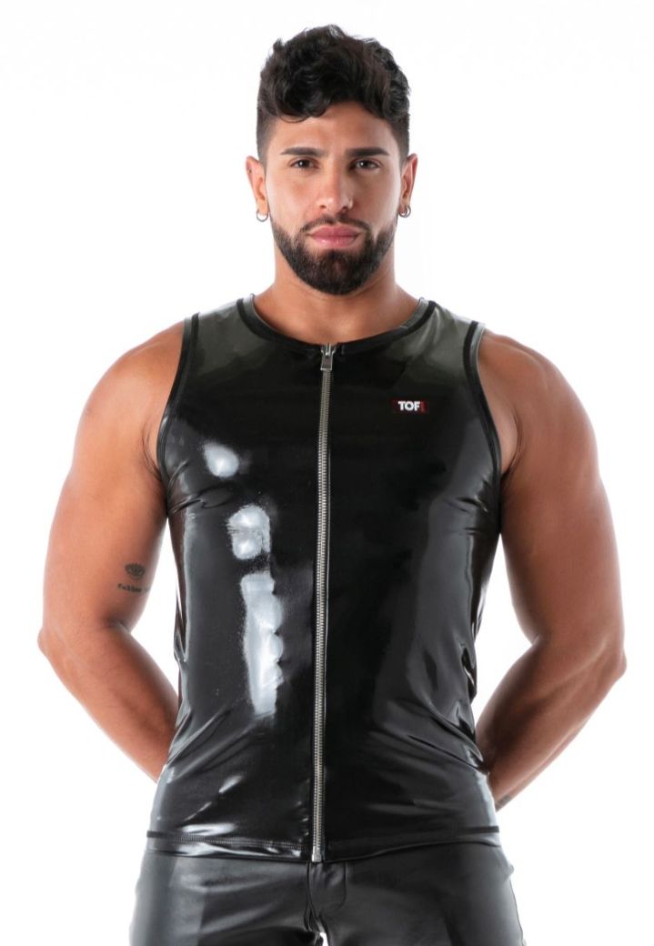 Camisola de alças preta com fecho de correr, efeito segunda pele