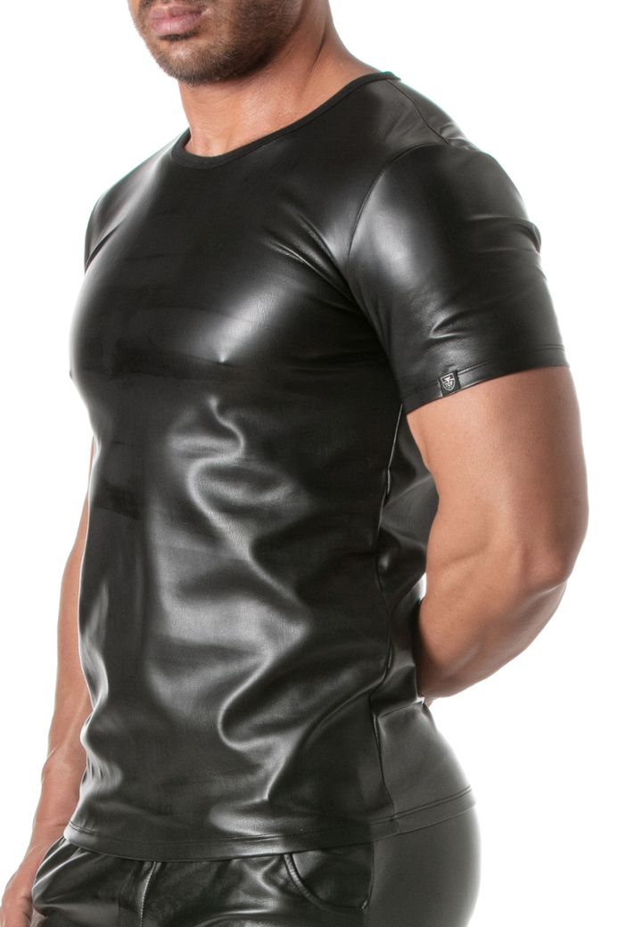 Men's datex leather-effect T-shirt with round collar and suede lining