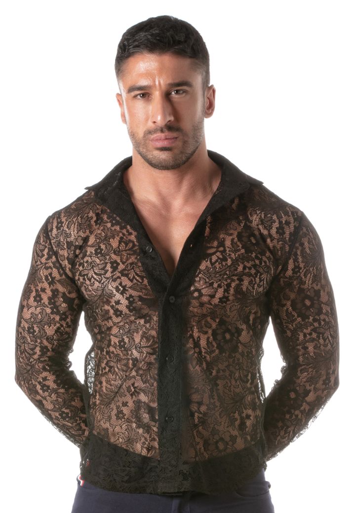 Camisa homem sexy em renda floral semitransparente