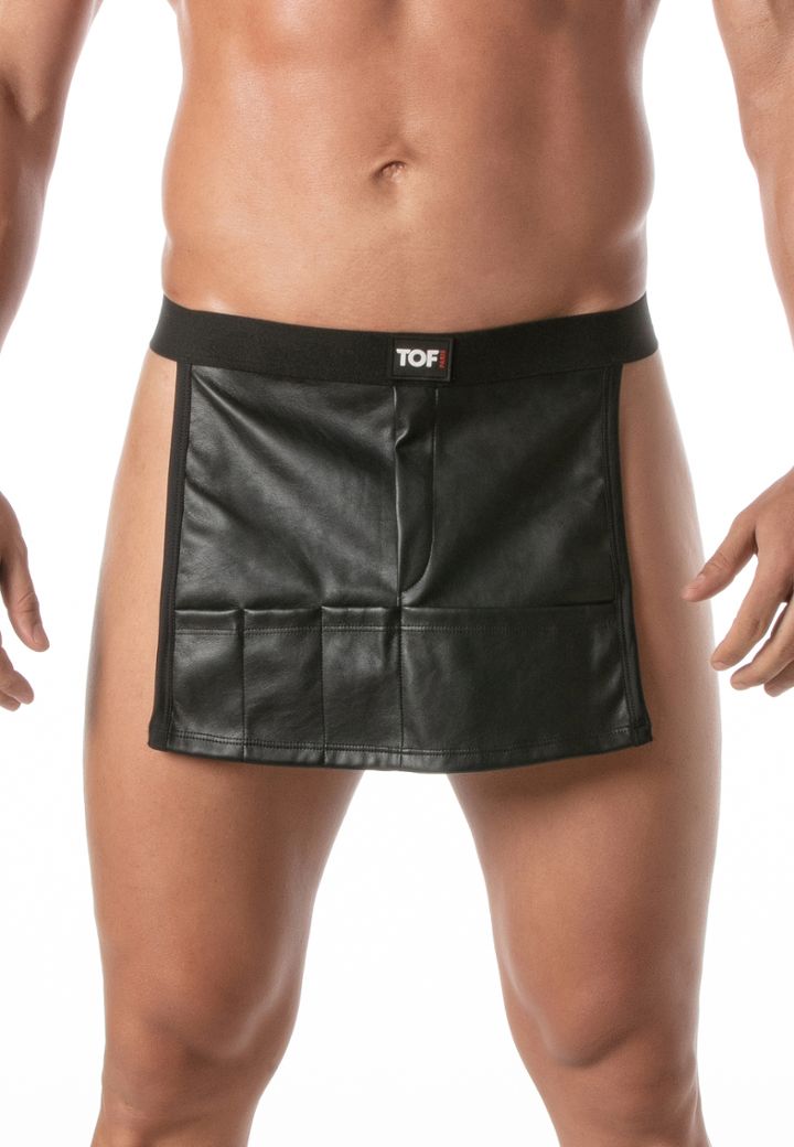 Avental de cintura masculino em datex efeito couro, cintura baixa, com molas e bolsos