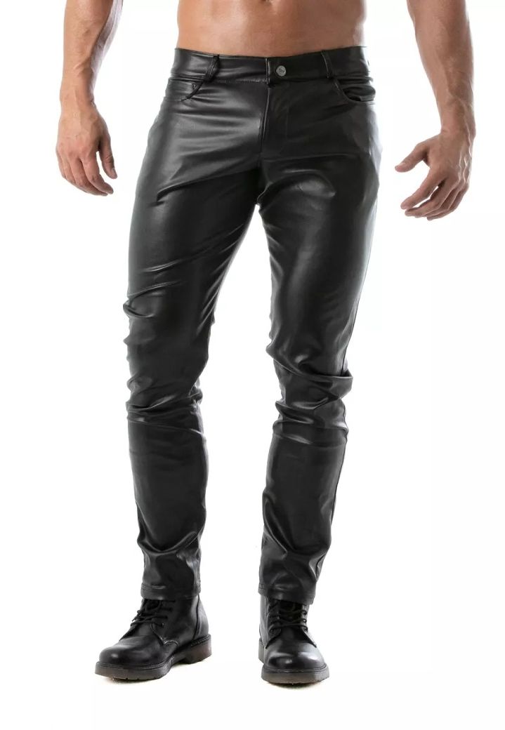Ανδρικό παντελόνι στενής εφαρμογής με δερμάτινο εφέ datex και αφαιρούμενο άνοιγμα γλουτών