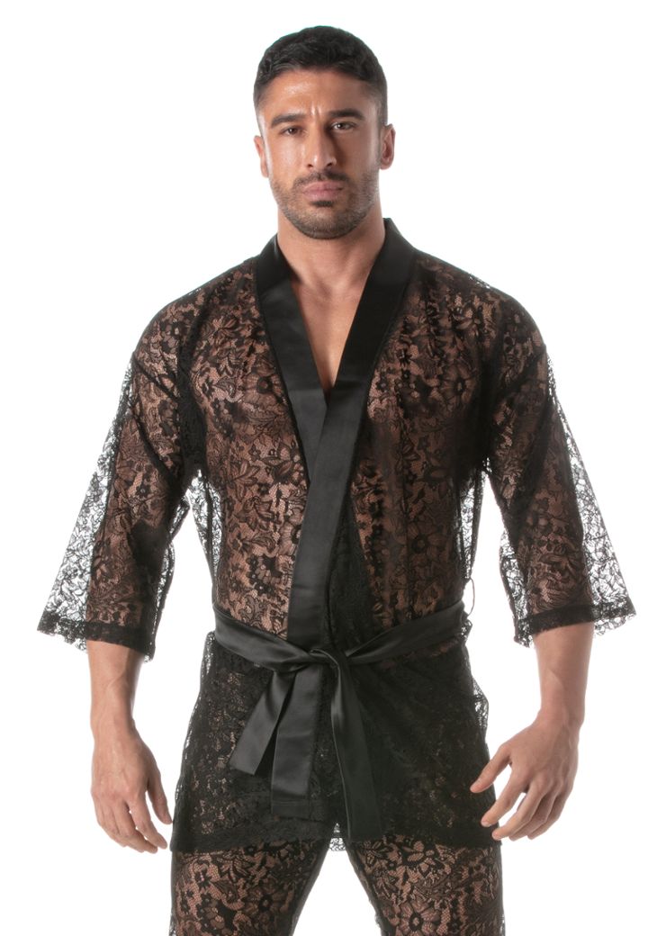 Kimono hombre sexy de encaje floral transparente