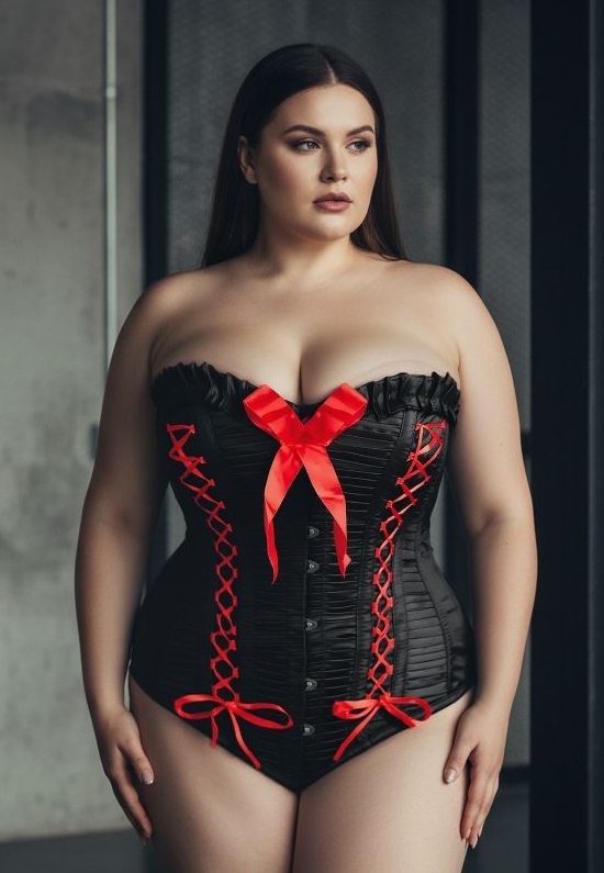 Cabaret korset zwart satijn & rode linten, verleidelijk rijgveter